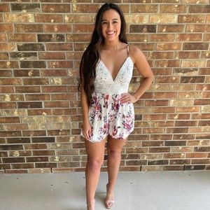 Deep V Spaghetti Straps Lace Floral Romper